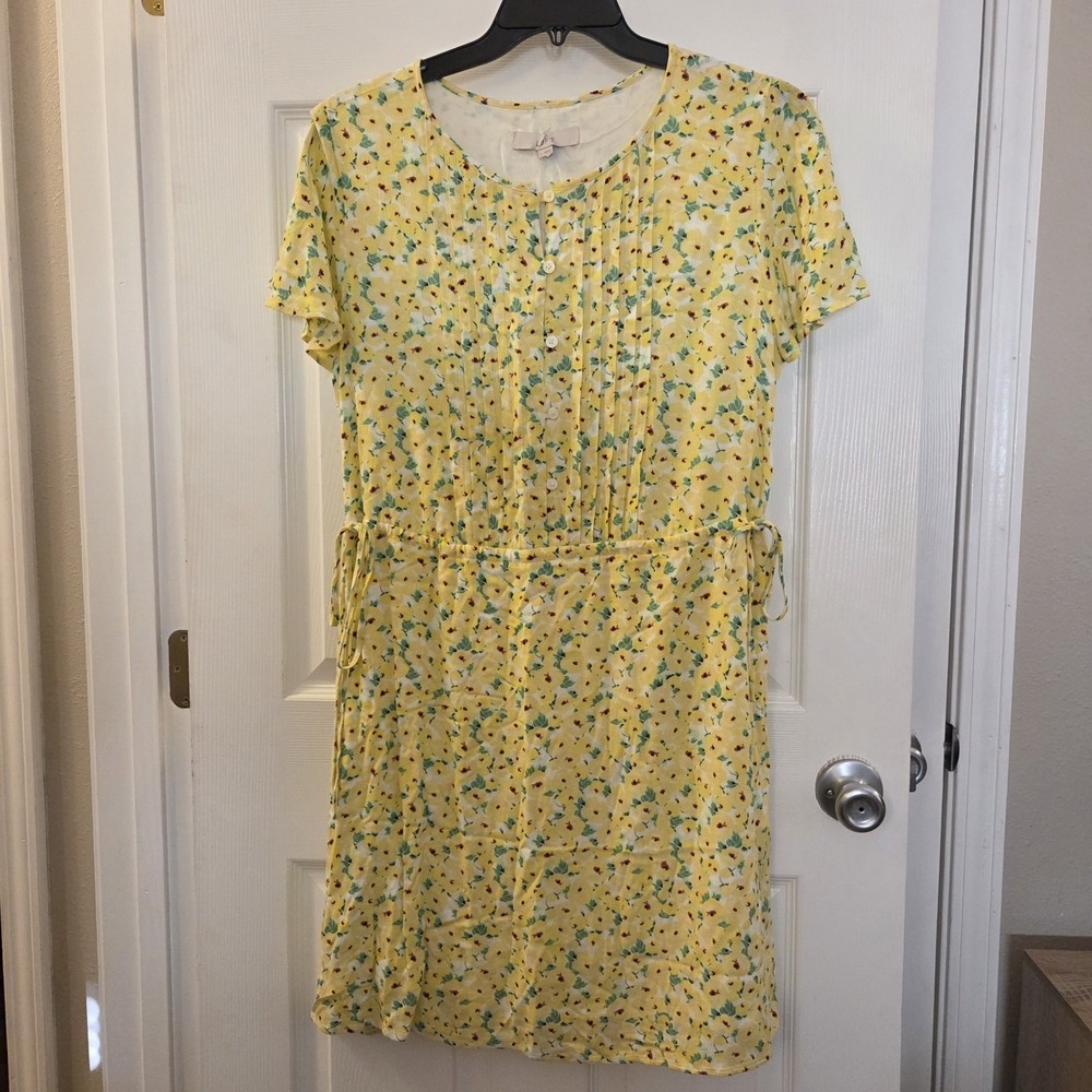 Loft Sz L yellow floral ss midi dress 100% rayon pleats‎ side ties garden spring